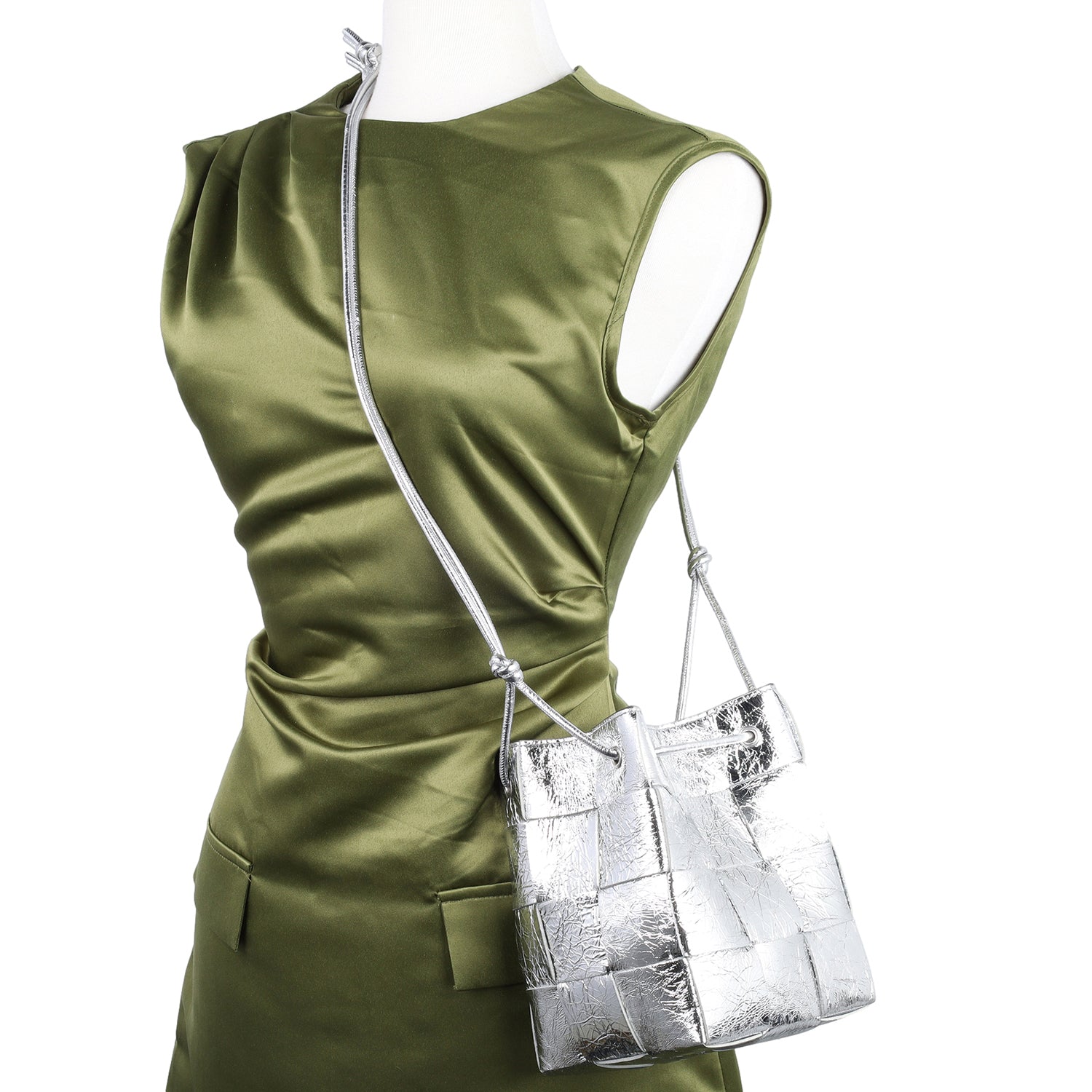 BOTTEGA VENETA Cassette Strapped Mini Bucket Bag Silver