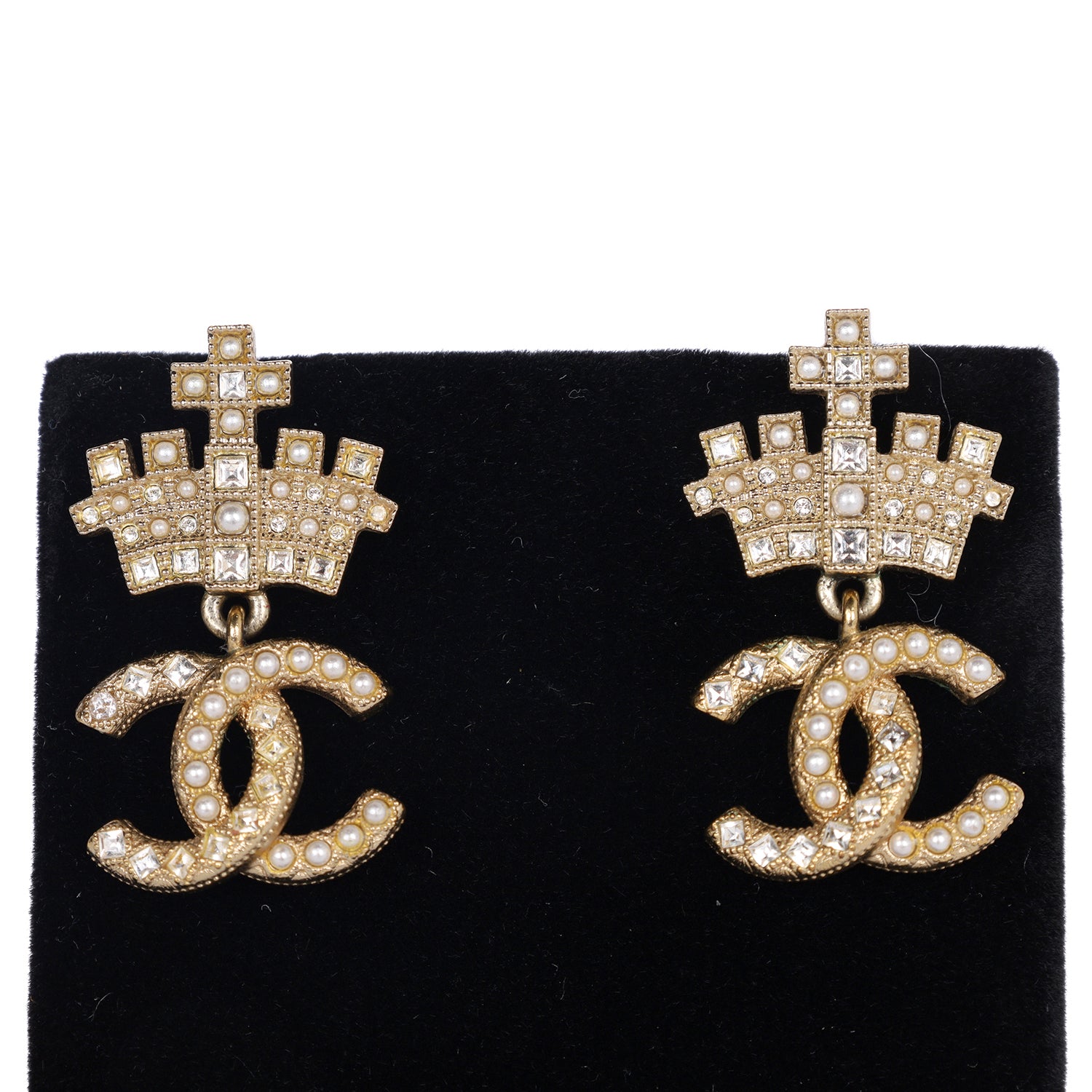 CHANEL Gold-Plated Faux Pearl & Strass CC Crown Drop 