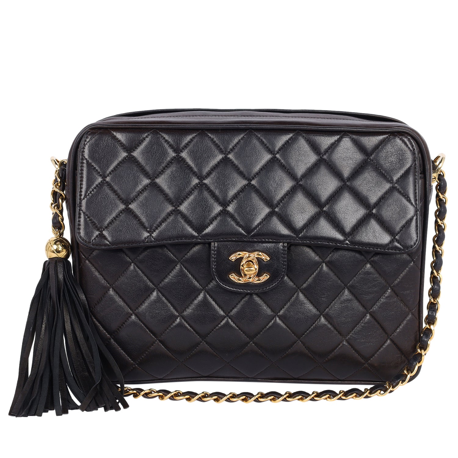 CHANEL Lambskin Quilted Tassel Camera Case Black Medium Black