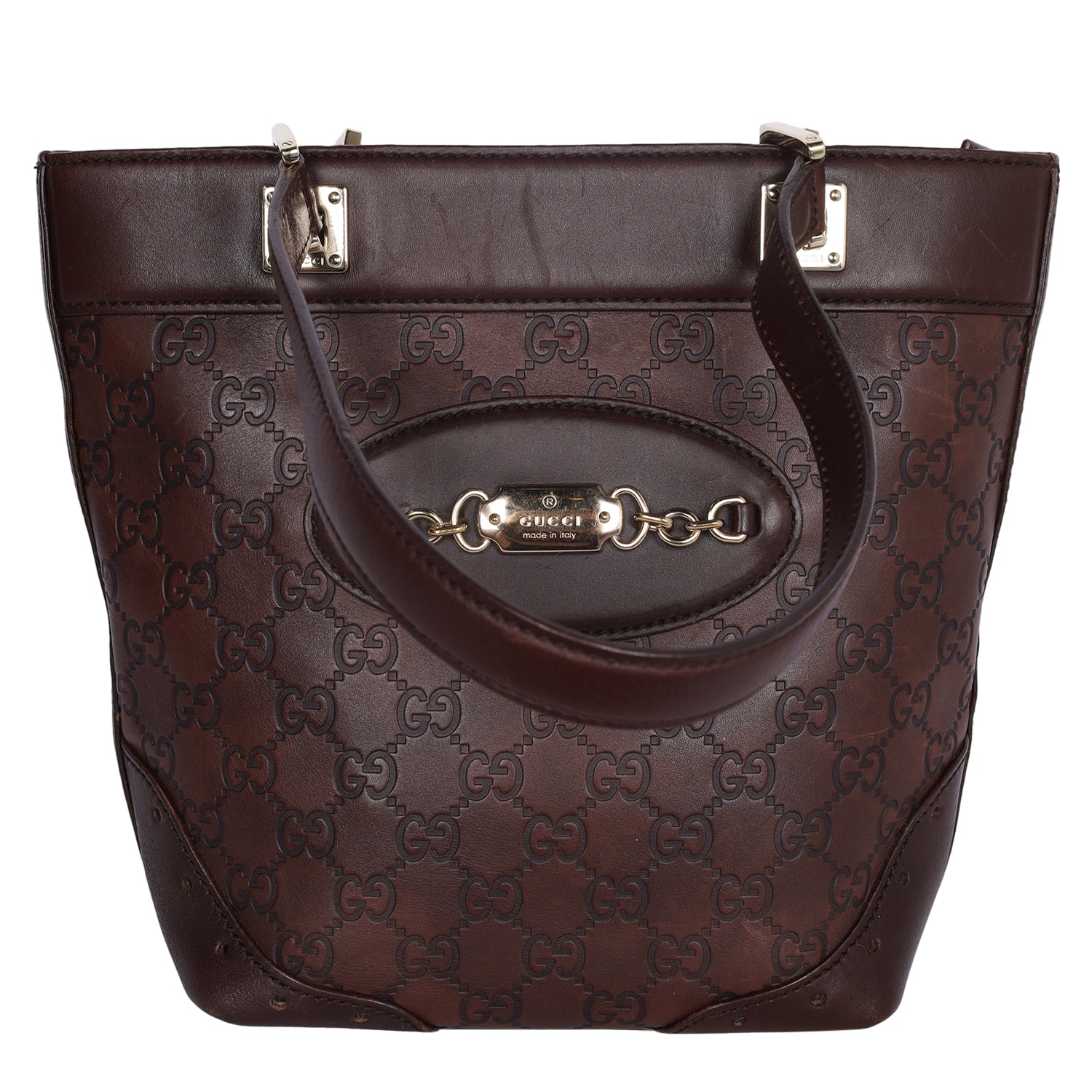 Vintage Gucci Medium Brown GG Embossed Leather Satchel Bag Handbag Authentic