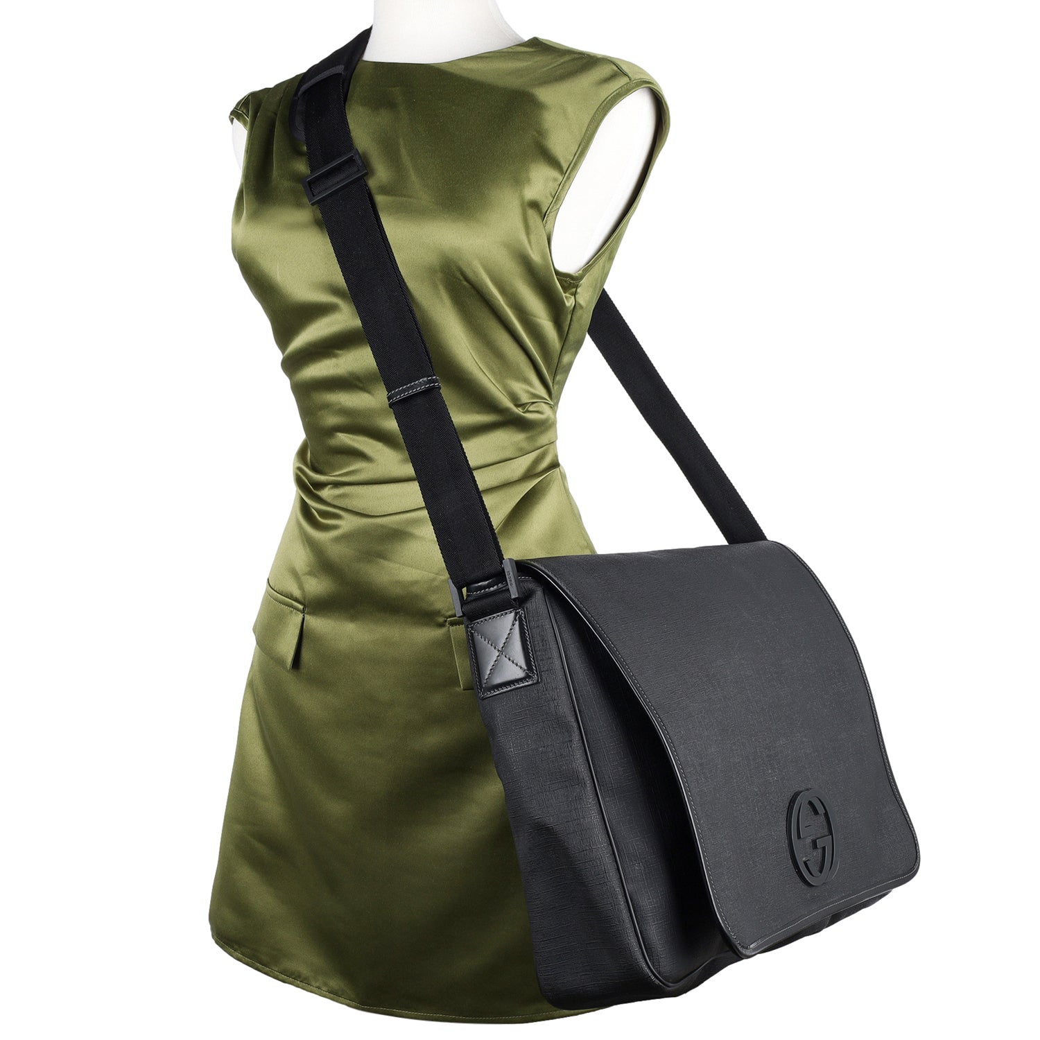 GUCCI Coated Canvas Interlocking G Large Flap Messenger Bag Black