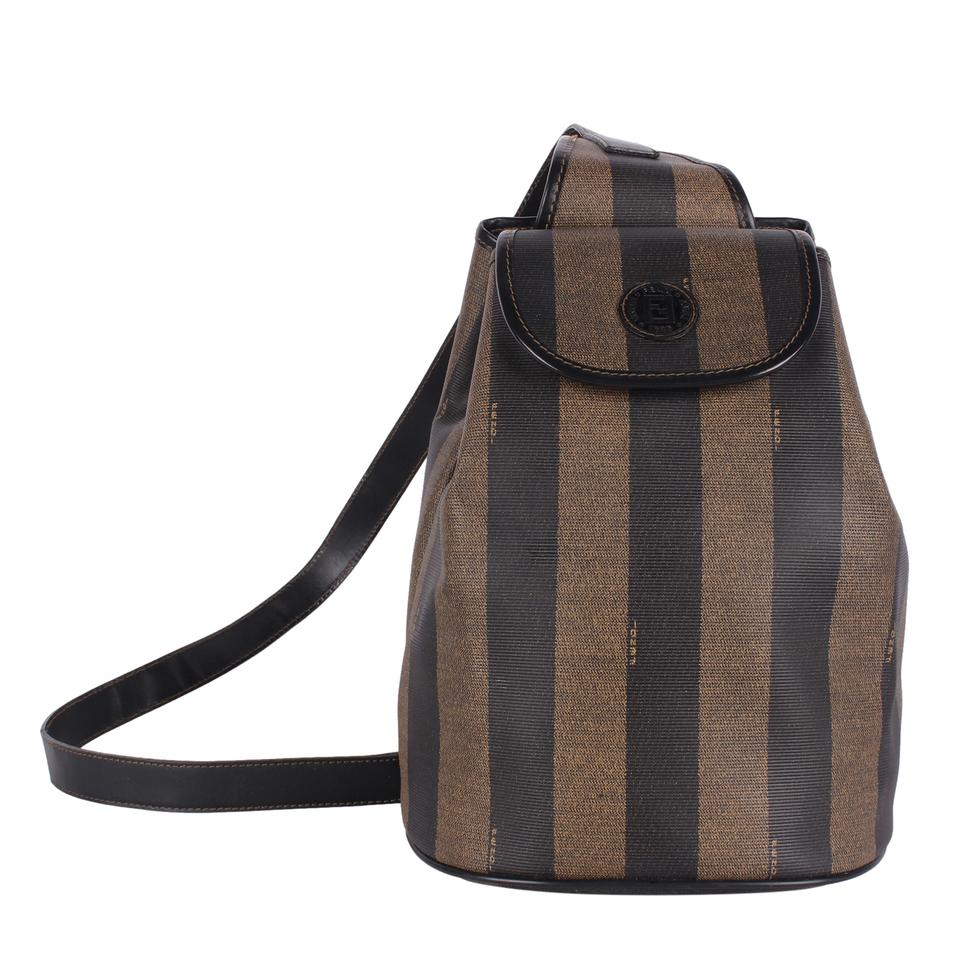 FENDI Logo Pequin Backpack Bag PVC Leather Black Khaki Gold-Plated Italy  62MQ163