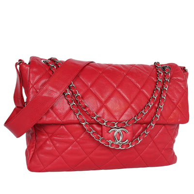 Quilted Caviar Leather XL Classic Flap Messenger Bag Red