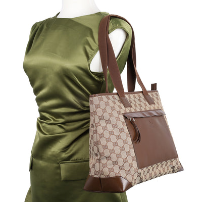 GG Monogram Canvas Leather Tote Shoulder Bag Medium Brown
