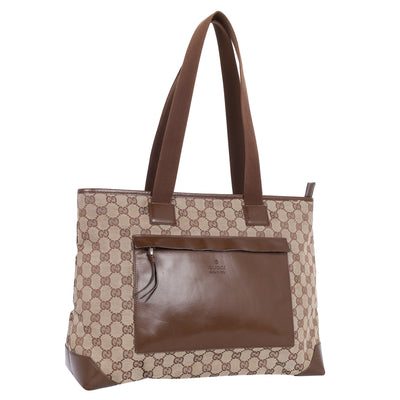 GG Monogram Canvas Leather Tote Shoulder Bag Medium Brown