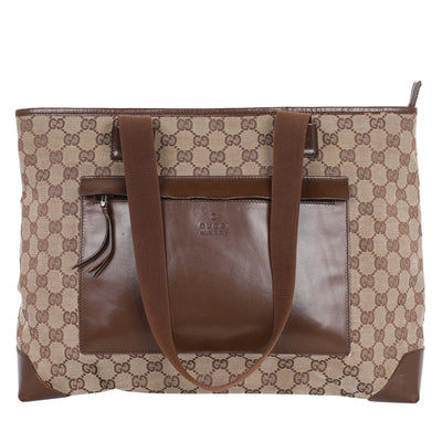 GG Monogram Canvas Leather Tote Shoulder Bag Medium Brown