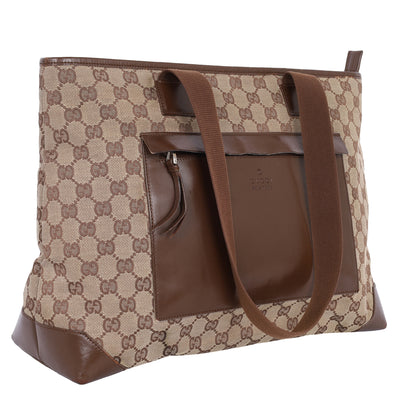 GG Monogram Canvas Leather Tote Shoulder Bag Medium Brown