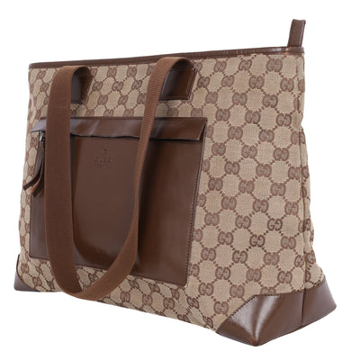GG Monogram Canvas Leather Tote Shoulder Bag Medium Brown