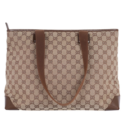 GG Monogram Canvas Leather Tote Shoulder Bag Medium Brown