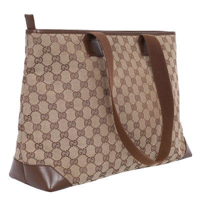 GG Monogram Canvas Leather Tote Shoulder Bag Medium Brown
