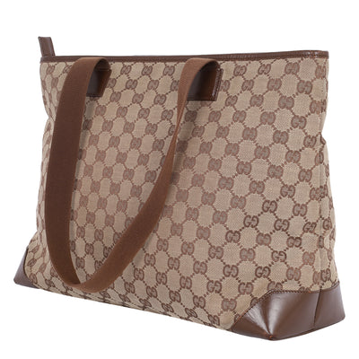 GG Monogram Canvas Leather Tote Shoulder Bag Medium Brown
