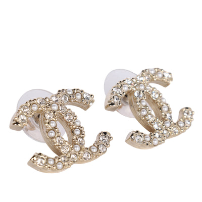 Crystal Pearls CC Pierced Earrings Light Gold