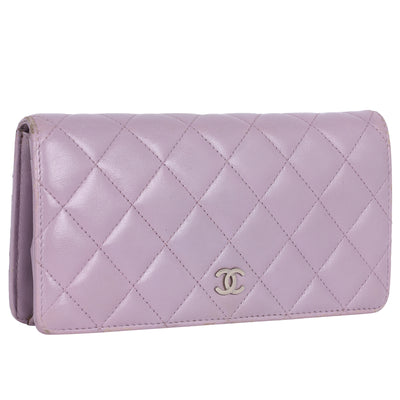 Lambskin Quilted Long Wallet Lavender