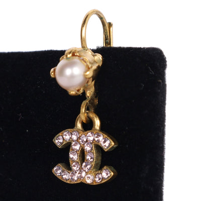 CC logo pink crystal pearl hook dangle earrings