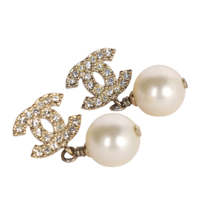 Crystal Pearl CC Drop Earrings Gold
