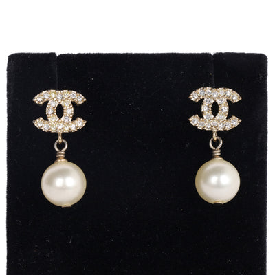 Crystal Pearl CC Drop Earrings Gold