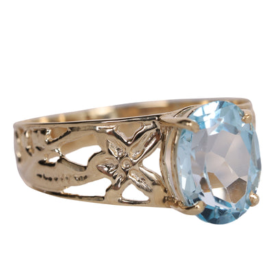 Oval Aquamarine Topaz Solitaire.10k Filigree ring