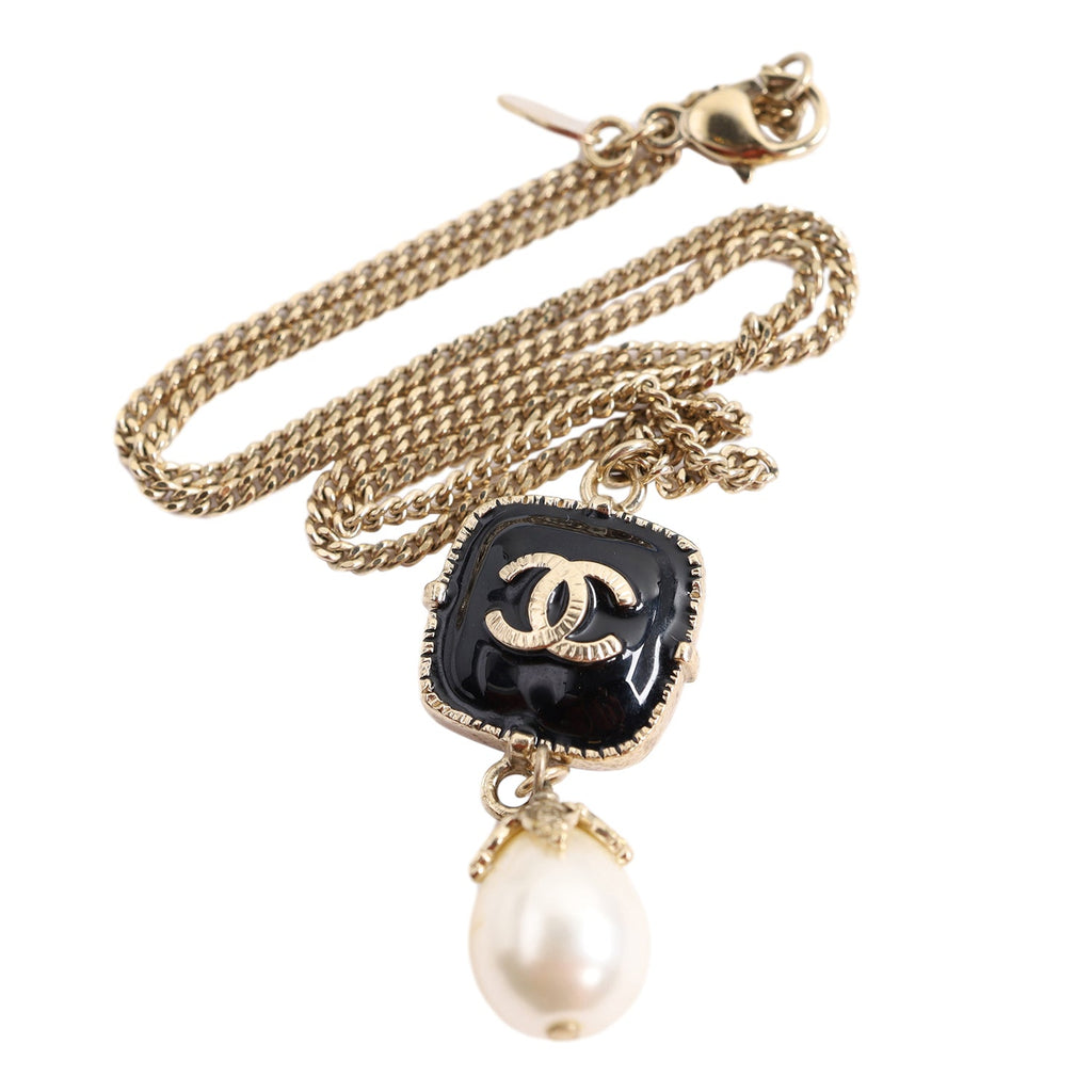 Chanel Black Enamel CC Logo and Camellia Pendant Necklace
