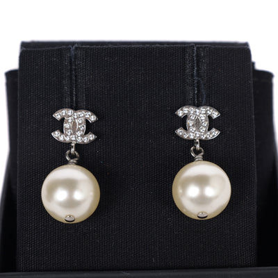 Crystal Pearl CC Drop Earrings Silver