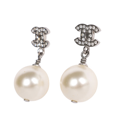 Crystal Pearl CC Drop Earrings Silver