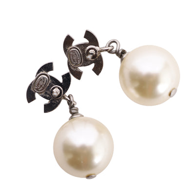 Crystal Pearl CC Drop Earrings Silver