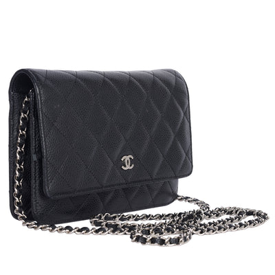 Caviar Leather Mini Wallet On A Chain Quilted Front Flap