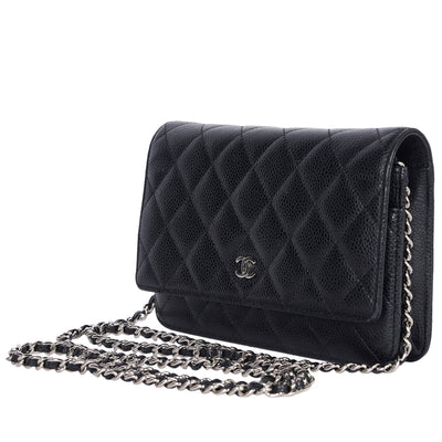 Caviar Leather Mini Wallet On A Chain Quilted Front Flap