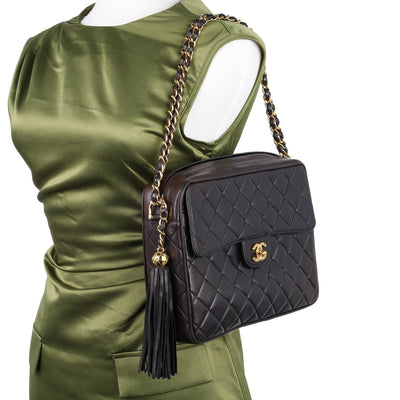 Lambskin Quilted Tassel Camera Case Black Medium Black