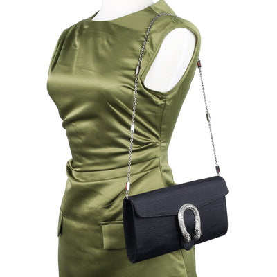 Dionysus Horseshoe Crystal Satin Ribbed Clutch Shoulder Bag Black