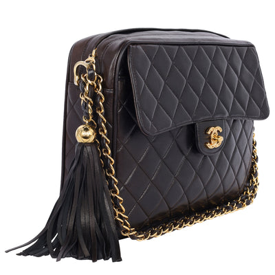 Lambskin Quilted Tassel Camera Case Black Medium Black