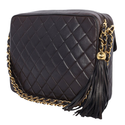 Lambskin Quilted Tassel Camera Case Black Medium Black