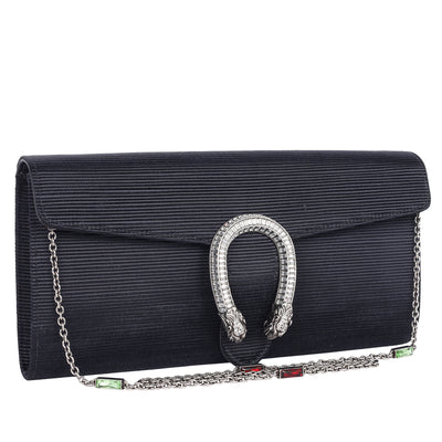 Dionysus Horseshoe Crystal Satin Ribbed Clutch Shoulder Bag Black