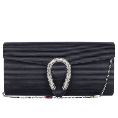 Dionysus Horseshoe Crystal Satin Ribbed Clutch Shoulder Bag Black