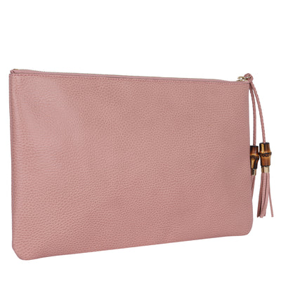 Pebbled Calfskin Leather Large Bamboo Clutch Cosmetic Case Pink