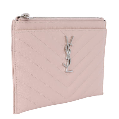 YSL Grain De Poudre Chevron Monogram Bill Pouch Dark Beige Pink