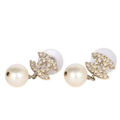 Crystal Pearl CC Drop Earrings Gold