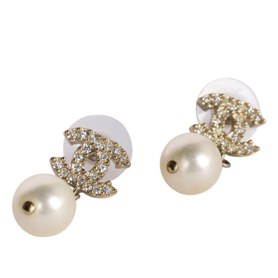 Crystal Pearl CC Drop Earrings Gold