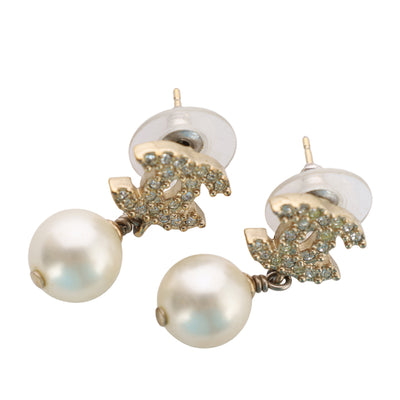 Crystal Pearl CC Drop Earrings Gold