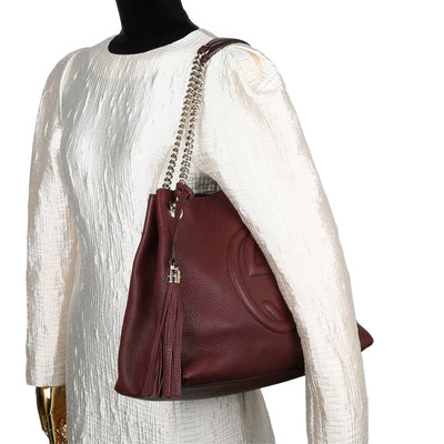 Soho Tote Bag Burgundy Pebbled Leather with GG Logo & Fringe