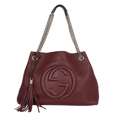 Soho Tote Bag Burgundy Pebbled Leather with GG Logo & Fringe