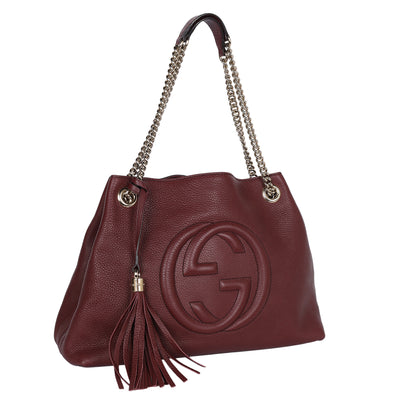 Soho Tote Bag Burgundy Pebbled Leather with GG Logo & Fringe