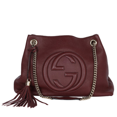 Soho Tote Bag Burgundy Pebbled Leather with GG Logo & Fringe