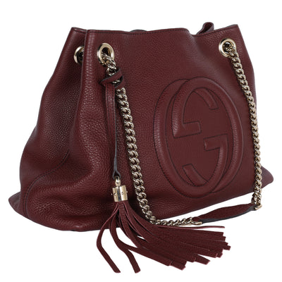 Soho Tote Bag Burgundy Pebbled Leather with GG Logo & Fringe