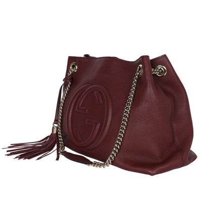 Soho Tote Bag Burgundy Pebbled Leather with GG Logo & Fringe