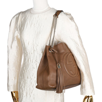 Soho Tote Bag Brown Pebbled Leather with GG Logo & Fringe