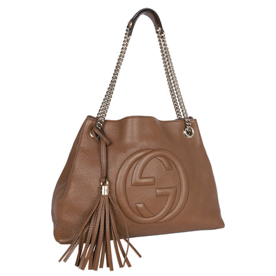 Soho Tote Bag Brown Pebbled Leather with GG Logo & Fringe