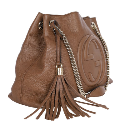 Soho Tote Bag Brown Pebbled Leather with GG Logo & Fringe