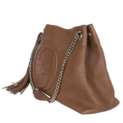 Soho Tote Bag Brown Pebbled Leather with GG Logo & Fringe