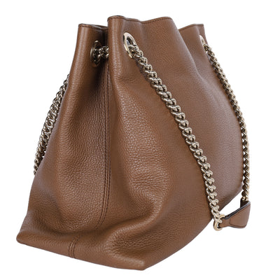 Soho Tote Bag Brown Pebbled Leather with GG Logo & Fringe