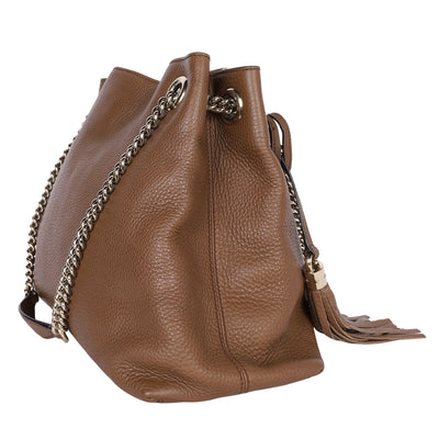 Soho Tote Bag Brown Pebbled Leather with GG Logo & Fringe